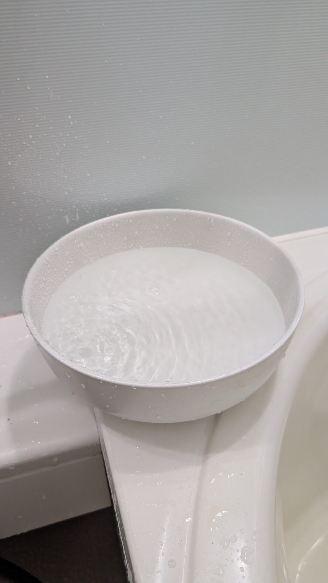 10分放置して洗面器に溜まった水。水面に波紋が立ち、まだ落ち続けている